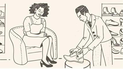 Woman sits in chair as salesman fits shoe with shoes on display in the background at the store | editable eps vectors silhouette