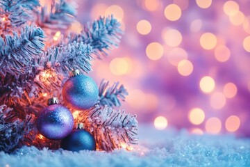 Festive Christmas tree and ornaments on glowing background