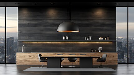 Modern city office dining area with large windows.