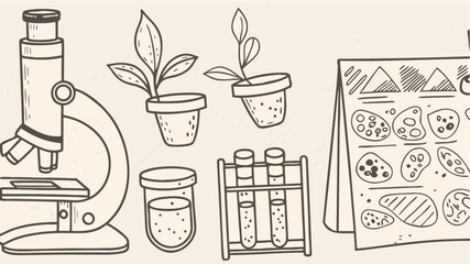 Illustration of a microscope plants in pots test tubes and a chart with cell diagrams displayed | editable eps vectors silhouette