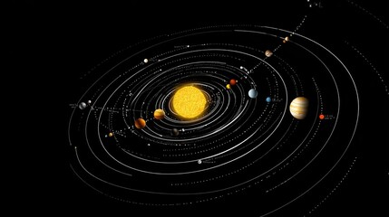 A detailed, 2D schematic of our solar system, showing the sun and its orbiting planets on elliptical paths against a black background.  The planets vary in size and color