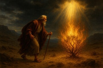 Prophet Moses approaching miraculous burning bush in vast desert with divine fire and heavenly illumination