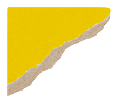 Torn corner of yellow cardboard, worn piece of colored carton paper, isolated collage element