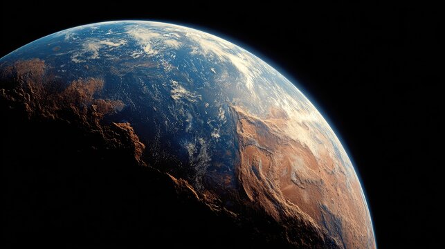 A detailed, digitally enhanced view of Earth's curvature, showcasing a mix of land and ocean, with a sunlit portion highlighting geographical features.