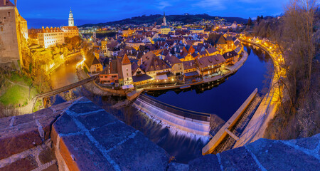 Cesky Krumlov cityscape at dusk Czech Republic