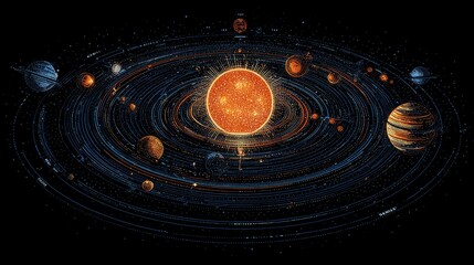 A detailed, stylized depiction of a solar system, showcasing a central star radiating light and surrounded by planets in elliptical orbits, depicted with concentric rings and varying planetary sizes.