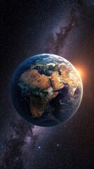 Naklejka premium A detailed view of Earth, sunlit from the right, set against the backdrop of a vibrant, swirling Milky Way galaxy