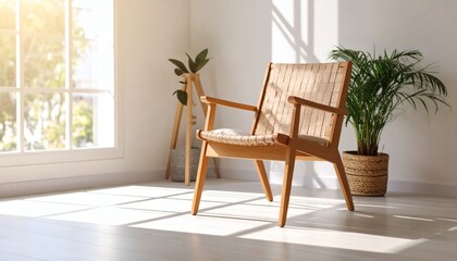 Modern wooden armchair with plants and natural light in minimalist ...
