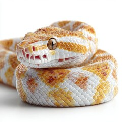 Albino Rattlesnake coiled up on white background.
