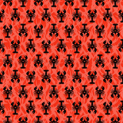 Pattern with hand drawn black silhouette lobsters and with seaweeds on bright orange background.	