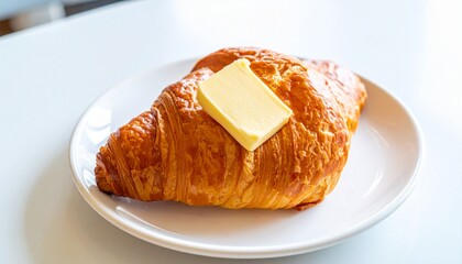 Golden Croissant with Melting Butter, A Taste of France on a Plate, Freshly Baked Croissant with Butter on a White Plate
