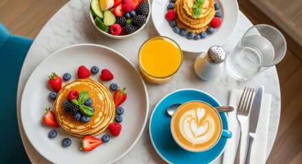 A vibrant and delicious breakfast spread featuring golden pancakes with fresh berries, a fruit salad, orange juice, and a latte, all on a marble table. Perfect for food, healthy eating, and lifestyle 