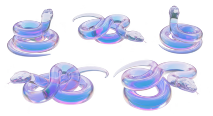 Glass snakes in various poses isolated on a white background possibly for artistic design or illustrative purposes