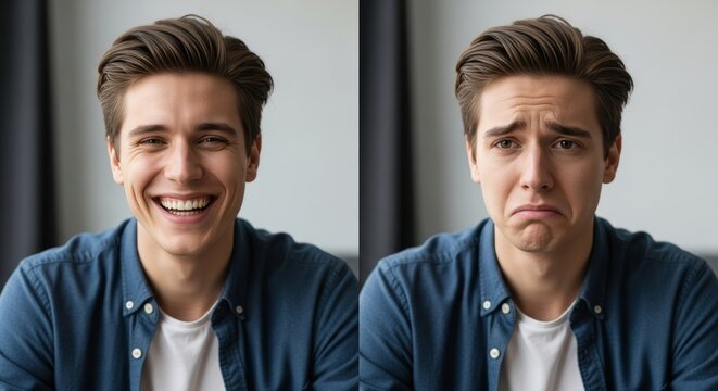 A split image of a young man's face, one side beaming with a wide smile, the other showing a sad and worried expression. Represents contrasting emotions, mental state, and mood shifts.
