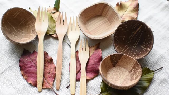 Sustainable wooden forks and coconut bowls with autumn leaves on a natural fabric background, eco-friendly kitchenware