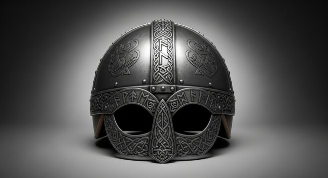 Detailed medieval Viking helmet featuring intricate Celtic knot patterns and runic inscriptions. Dark metallic finish with ornate engravings in dramatic studio lighting. - Powered by Adobe
