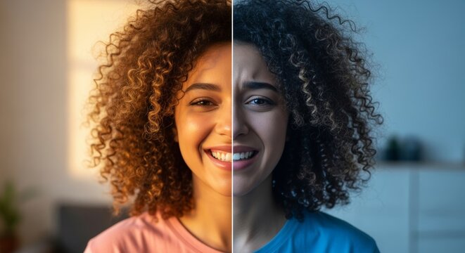 A split image of a woman's face, one side smiling brightly in warm light, the other looking worried in cool light. Represents contrasting emotions, mental health, and mood swings.