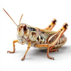 Close-up of Brown and Yellow Grasshopper on White Background