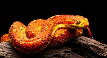 Fototapeta premium A striking orange viper poised on a weathered branch its tongue flicking in the darkness with sharp detail and