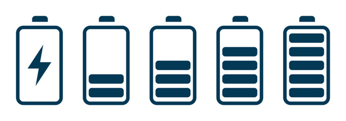 Batteries icon, Battery charge indicator. Battery level, energy full vector template. Battery line icon set. Set of 5 outline icons related to battery, charger, charge, indicator and more. 