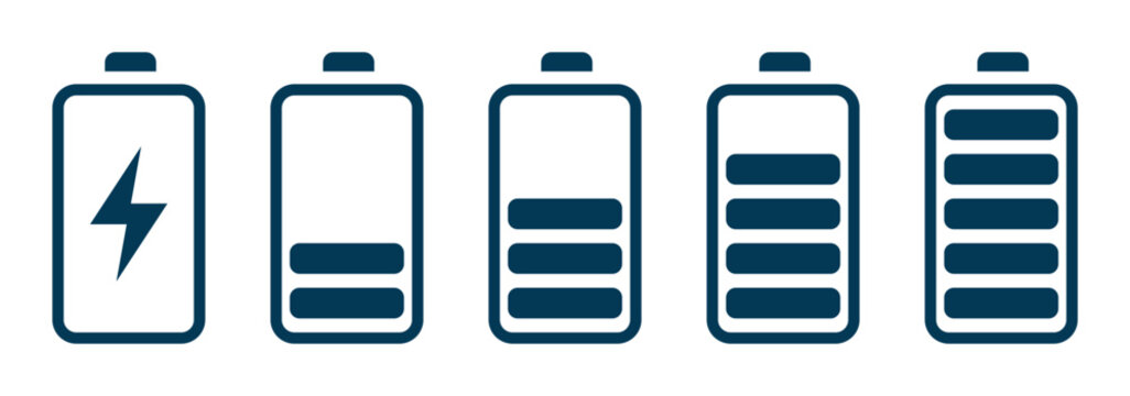 Batteries icon, Battery charge indicator. Battery level, energy full vector template. Battery line icon set. Set of 5 outline icons related to battery, charger, charge, indicator and more. 