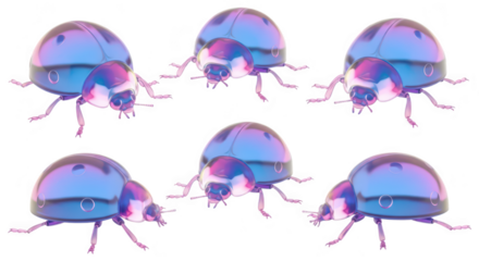 Shiny metallic ladybugs in various sizes crawling on a white background possibly for illustrative or decorative purposes