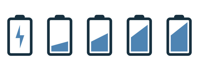 Batteries icon, Battery charge indicator. Battery level, energy full vector template. Battery line icon set. Set of 5 outline icons related to battery, charger, charge, indicator and more. 