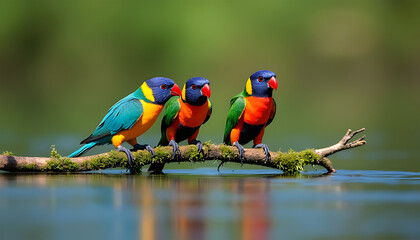 Three colorful rainbow lorikeets perched on a mossy branch over water