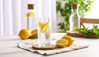 Fototapeta premium Refreshing Lemon Infused Water on a Bright Table, A Healthy and Hydrating Lemon Water Displayed on a Sunny Table Setting