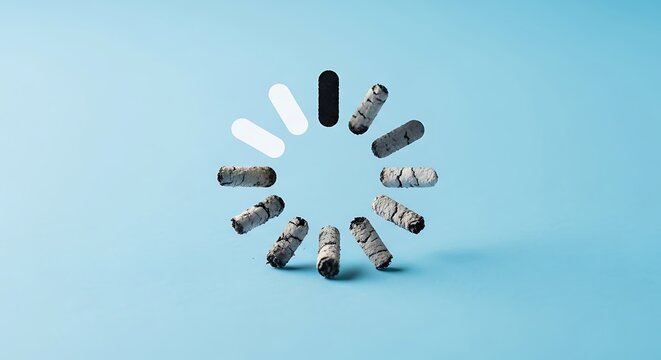 Creative loading symbol composed of cylindrical objects arranged in a circle against a blue background.