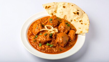 Chicken Tikka Masala with Naan Bread on a White Plate, Traditional Indian Cuisine Served with Flatbread and Garnished with Cilantro