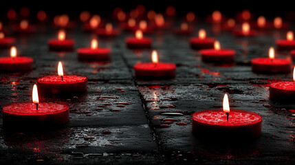 A lot of beautiful mini red candles on the black ground.