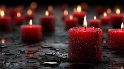 Close up red candle and lot of candle is background.