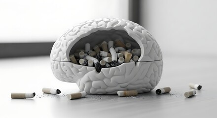 A symbolic representation of the detrimental effects of smoking on the brain, with cigarettes filling a hollowed-out brain model.