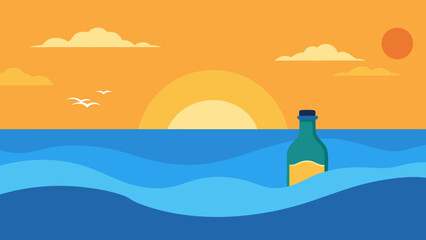 Mysterious Sea Beach with Message in Bottle at Golden Sunrise