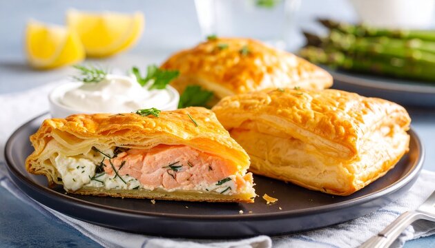 Delicious baked salmon fillet wrapped in golden puff pastry, served with a creamy dill sauce and fresh lemon.