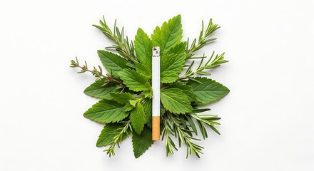 A cigarette nestled amidst fresh, vibrant herbs, highlighting a contrast between nature and harmful habits.