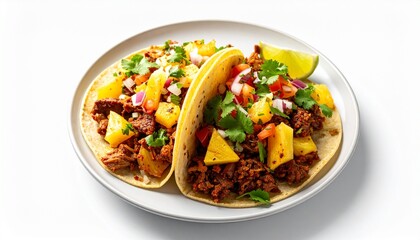A vibrant plate of two traditional Mexican tacos with seasoned meat, fresh pineapple, onion, and cilantro on a white background