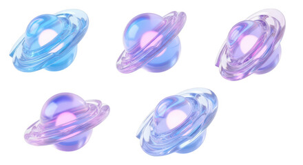 Multiple 3D rendering of iridescent glass planets rotating isolated on a white backdrop for science fiction or abstract art