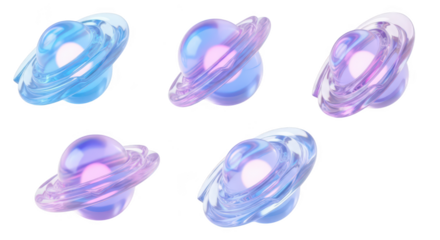 Multiple 3D rendering of iridescent glass planets rotating isolated on a white backdrop for science fiction or abstract art