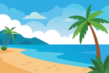 Obraz premium a serene tropical beach with palm trees and blue sea under a cloudy sky vector illustration