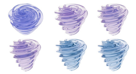 3D rendered swirling transparent vortex models in varying colors against a white background for conceptual design or visual effects