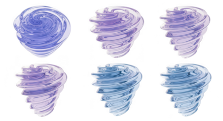3D rendered swirling transparent vortex models in varying colors against a white background for conceptual design or visual effects