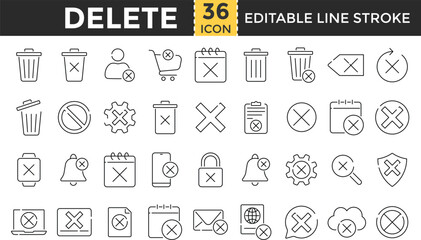 Delete Line Icon Set. Pixel Perfect and Outline Editable Stroke Icons collection for Delete, Remove, Trash, Erase, Clear, Cancel, Close, Remove File, Delete Folder, Cross, Backspace, Undo