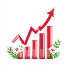 Red Bar Graph with Upward Arrow and Flowers on White Background, Growth Concept