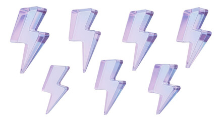 Rendered iridescent lightning bolts floating isolated on white for creative design and concept imagery