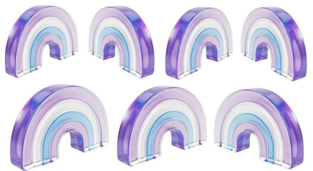 Several 3D rendered transparent purple rainbows on a white surface used for decoration or design assets
