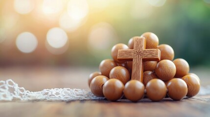 Wooden Cross and Beads on Table with Soft Background Lighting
