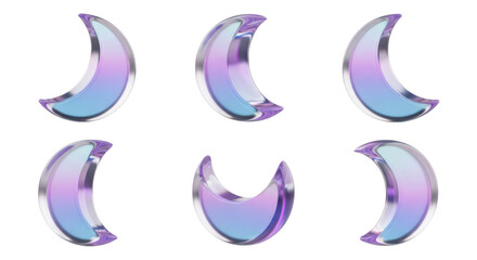 Rendered set of six pastel glass crescent moons against a clean white background for design elements or celestial themes