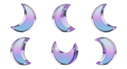 Rendered set of six pastel glass crescent moons against a clean white background for design elements or celestial themes
